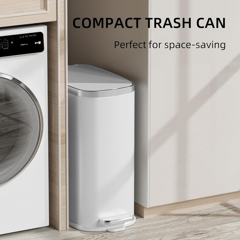 KUK Slim Bathroom Trash Can with Lid Soft Close, Step Pedal, 2.6 Gal/ 10L Stainless Steel Garbage Can with Removable Inner Bucket, Anti-Fingerprint Wastebasket for Office, Bedroom, Toilet (White) - Image 3